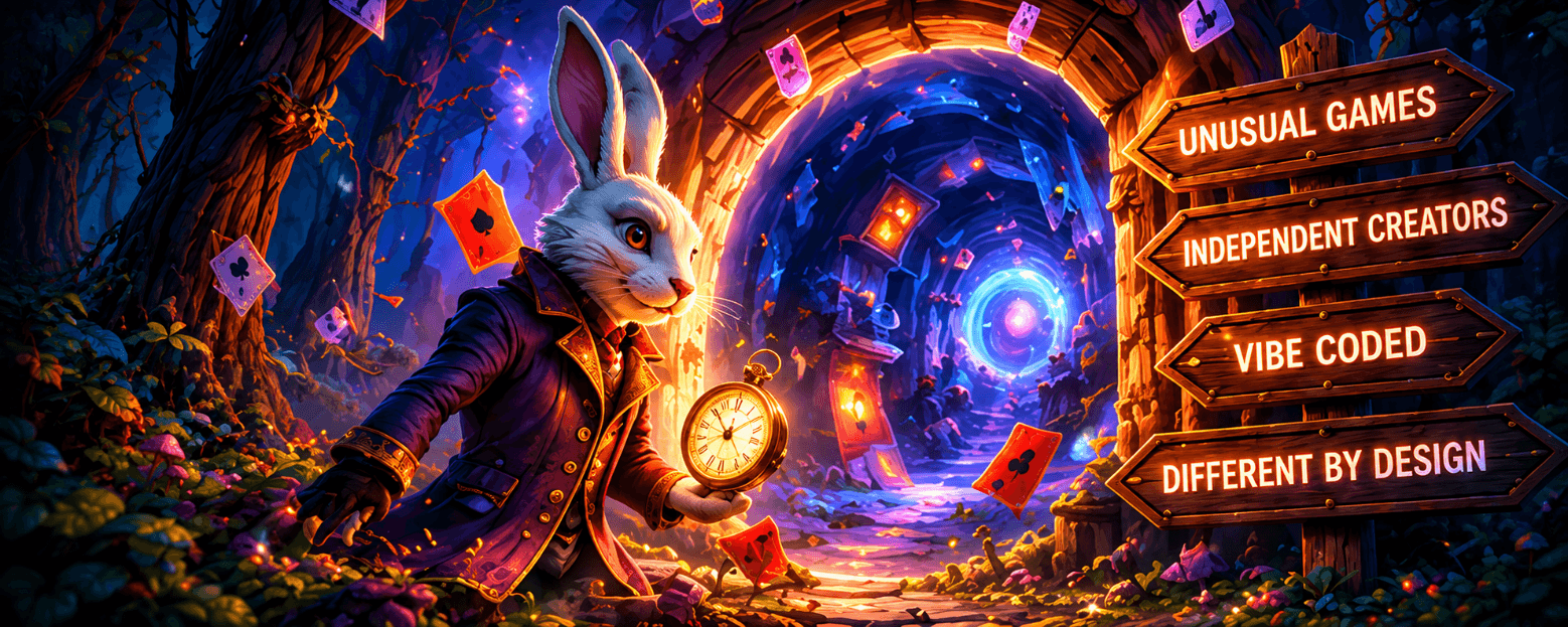 The White Rabbit stepping into a glowing portal of falling playing cards